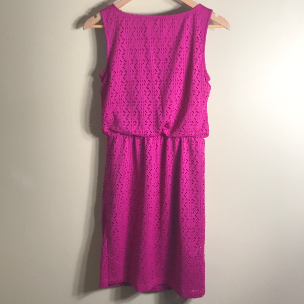 LONDON TIMES Fuchsia Pink Purple Sleeveless Eyelet Elastic Waist Dress 4 EUC - Picture 3 of 5